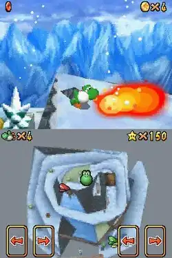 A composite image of two horizontal rectangular video game screenshots. The top screenshot is a digital representation of a snow-covered mountain with a green bipedal dinosaur breathing fire at the peak. The bottom screenshot depicts an overhead map of the mountain with icons scattered around the course: the dinosaur's face and three colored caps. Pairs of digital buttons with left and right arrows are at bottom corners of the lower screen.