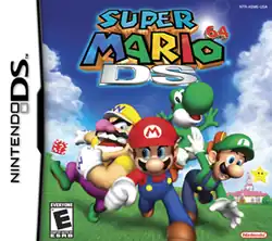 Packaging artwork, featuring cartoon depictions of four 3D video game characters running together on a grass field towards the viewer. Three of the characters are mustached men wearing overalls and caps of different colors. The fourth is a green bipedal dinosaur.