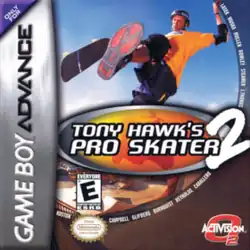 The "Tony Hawk's Pro Skater 2" logo appears in the middle of the cover. Behind the logo is a man wearing protective skate gear and holding a skateboard in mid-air at a skate park.