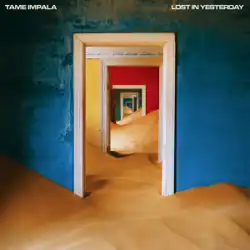 A picture of several doors connecting to each other in a house filled with sand. The project name and song title are located in the top left and right corners, respectively.