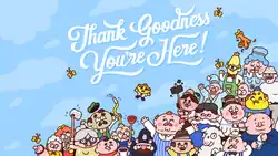 A crowd of people in cartoon style with a small yellow man in the air above them, with the game's title on top