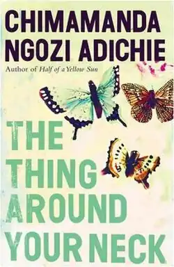 A light flat surface with three butterflies drawing, and the background texts: "The Thing Around Your Neck" and Chimamanda Ngozi Adichie, author of Half of a Yellow Sun"