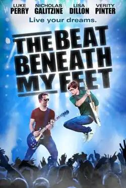A film poster depicting two males playing electric guitars on a stage against a blue backdrop; fans can be seen cheering below.