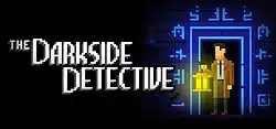 Logo of The Darkside Detective, featuring a pixelated rendition of a man holding a lantern at a mystical doorway.