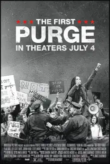 In black-and-white, a group of anti-Purge protestors stand in front of two police officers; a female protester raises a fist while speaking through a handheld mic linked to a megaphone that's strapped to her.