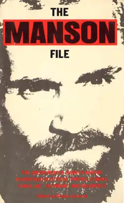 Close up photo of Charles Manson with the book's title in red and black
