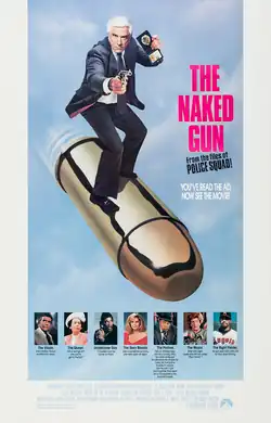 Leslie Nielsen (as Lt. Frank Drebin in uniform) looks directly at the viewer while standing on a .44 Remington Magnum bullet, holding a gun on his right hand and holding his badge on his left. The film's title is placed on the right, with text in white reading "YOU'VE READ THE AD, NOW SEE THE MOVIE!" A list of characters appear on the bottom above the film's credits.