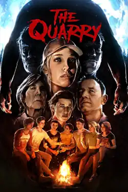 Cover art for The Quarry: a montage of the game's main and supporting characters, with a shadowy figure looming above them all.