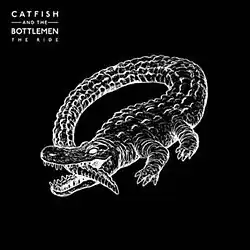 A drawing of a crocodile biting on its own tail against a black background.