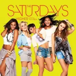 Against a bright yellow background, five girls stand in various poses. One of the girls jumped in the air.