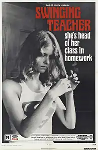 Young woman in a tank top with a Superman-style "S" logo looks down thoughtfully while twirling her hair in a vintage movie poster for Swinging Teacher, under the tagline "she's head of her class in homework"