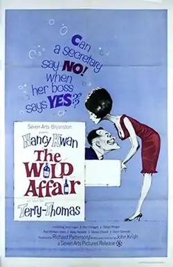 Illustrated film poster showing a woman with a short bob haircut in a red dress opening a filing cabinet drawer, from which a man's head pops out as he leers up at her. The tagline reads, "Can a secretary say NO! when her boss says YES?"