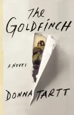 The title is written in a black, handwriting-style font near the top of the cover, with "A Novel" below it and the author's name near the bottom. Part of the pale yellow background appears torn, revealing a fragment of a painting of a goldfinch behind it.