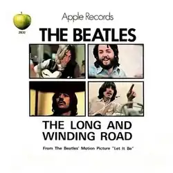 The US cover sleeve for "The Long and Winding Road", including four separate photos of the individual band members arranged in a rectangle against a white background, along with some black text and the Apple Records logo