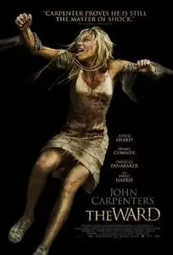A top a pitch-black background, a woman in raggedy and stained clothes is grabbed my multiple decayed arms.
