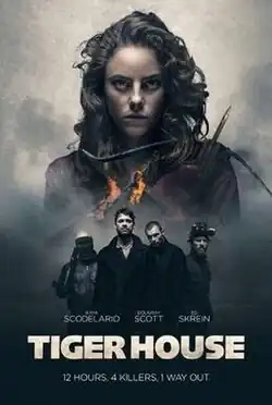 Four home-invading men stand in the foreground with a scaled-up teenage woman in the background armed with a bow and arrow, with a burning house between the foreground and background.