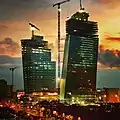 Tours Duo under construction in twilight