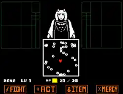 Fighting Toriel in Undertale. Toriel attacks a red heart, controlled by the player, with fire magic.