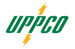 Yellow lightning bolt with green text reading "UPPCO"