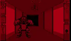 A red-and-black screenshot displaying a clawed, bipedal creature attacking the protagonist. The setting is a long hallway that ends in darkness, and has user interfaces on the left and right side, displaying health, ammunition, and other elements.