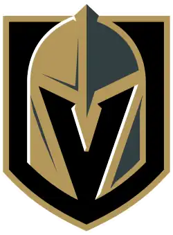 A Black and gold shield and white borders. Inside the shield, a Golden barbute helmet with a V-shaped opening.