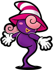 A stylized illustration of Vivian, a purple, ghost-like character with pink hair and a striped hat