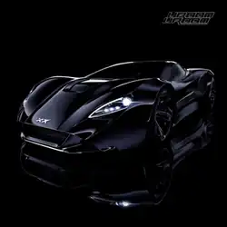 A black sports car with the lights on, on a black background, with the letters "XCX" on the hood of the car.