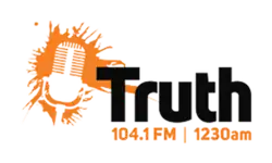 Radio microphone surrounded by an orange splatter and test reading "Truth 104.1 FM & 1230 AM"
