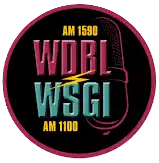 Yellow, pink, and turquoise text with the call letters and the outline of a radio microphone in the background