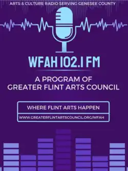Consists of a microphone, heart monitoring line, and audio visualizers. Text reads "Arts & Culture Radio Serving Genesee County, WFAH 102.1 FM, A program of Greater Flint Arts Council, Where Flint Art Happens, www.greaterflintartscouncil.org/WFAH "