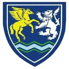 Wallace Hall (Thornhill) crest showing a yellow Pegasus and a white heraldic lion on a dark blue shield, with green and light blue wavy lines at the bottom.