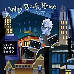 A blue-tinged caricature of an older man with a goatee playing a drum kit amid a city skyline.