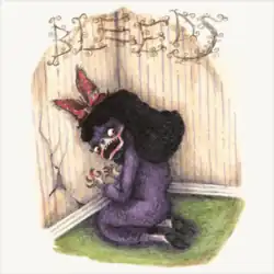A colored drawing of a girl or creature in purple cornered in a room, mouth agape, eyes wide
