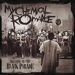 A black-and-white image of a hospital patient facing towards a marching band slowly approaching him. The song title is in the lower-left corner of the image, while the band's logo is in the top-left corner.
