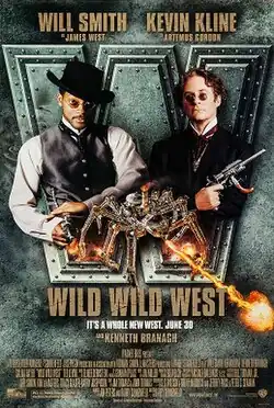 Two 19th century gentlemen (an African American and a Caucasian), each wielding guns and behind a gigantic metallic "W" are facing the viewer. Beneath them is a giant flame-spewing mechanical spider, the film's title and credits.