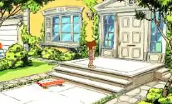 Screenshot of a cartoon-style adventure game showing a boy character standing on the front porch of a yellow house with a skateboard behind him