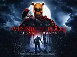 Film poster showing Winnie the Pooh at the top holding a bloody axe in the night and Piglet at the bottom who is standing in a forest, with the film’s logo, Winnie-the-Pooh: Bloody and Honey, in the center.