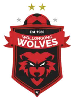 A red on black shield depicting a wolf's face