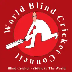 On a dark red background, a red roundel containing a cricket batter in batting stance around which the words "World Blind Cricket Council" are tracket. Beneath is the slogan "Blind Cricket - Visible to the World".