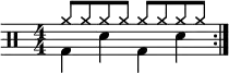 \new Staff <<
\new voice \relative c' {
\clef percussion
\numericTimeSignature
\time 4/4
\set Score.tempoHideNote = ##t \tempo 4 = 100
\stemDown \repeat volta 2 { g4 d' g, d' }
}
\new voice \relative c'' {
\override NoteHead.style = #'cross
\stemUp \repeat volta 2 { a8 a a a a a a a }
}
>>