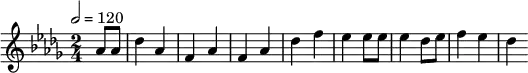 \relative c'' { 
  \set Staff.midiInstrument = #"orchestra section"
  \tempo 2 = 120
  \key des \major
  \time 2/4
  \partial 4 as8 as | des4 as | f as | f as | des f | es es8 es | es4 des8 es | f4 es | des
}