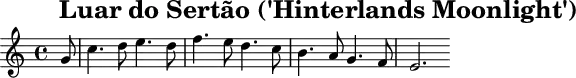 \header{tagline=##f title="Luar do Sertão ('Hinterlands Moonlight')"}
% https://www.radiomuseum.org/dsp_audio_clip.cfm?audio_id=5586
sustainOfn = \sustainOff\sustainOn
main = \relative{
  \partial 8 g'8 c4. d8 e4. d8 f4. e8 d4. c8 b4. a8 g4. f8 e2.
}
acco = {
  \set midiMaximumVolume = #0.7 \clef bass \partial 8 r8 
  c8\sustainOn g e'4 \grace{<g' c''>16\sustainOfn}bes,8 bes g'4
  \grace{<f' c''>16\sustainOfn}a,8 f c'4 \grace{<f' bes'>16\sustainOfn}as,8 f bes4
  \grace{<d' g'>16\sustainOfn}g,8 f b4 f,8\sustainOfn f <b d'>4
  e,8\sustainOfn <g c'> <f d'>\sustainOfn g,8 <c, c'>8*2\sustainOfn s8\sustainOff
}
\score{\main}
\score{<<\new Staff \main \new Staff \acco>>
\midi{\tempo 4=64 \set Staff.midiInstrument = "electric piano 1"}
}
