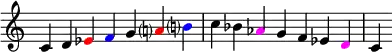 {
\override Score.TimeSignature #'stencil = ##f
\relative c' {
\clef treble \time 7/4
c4 d \once \override NoteHead.color = #red es \once \override NoteHead.color = #blue f g \once \override NoteHead.color = #red a!? \once \override NoteHead.color = #blue b!?
c bes \once \override NoteHead.color = #magenta aes g f es \once \override NoteHead.color = #magenta d
c
} }