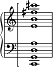 \new PianoStaff <<
\set PianoStaff.connectArpeggios = ##t
\override PianoStaff.Arpeggio.stencil = #ly:arpeggio::brew-chord-bracket
\new Staff \relative {
\omit Staff.TimeSignature
<e' b' fis' cis'>1\arpeggio
}
\new Staff \relative {
\clef bass
\omit Staff.TimeSignature
<c, g' d' a'>1\arpeggio
}
>>