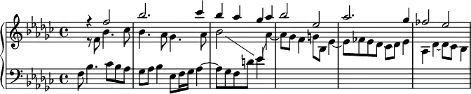 
\version "2.18.2"
\header {
  tagline = ##f
}
upper = \relative c''
{
  \clef treble 
  \key ees \minor
  \time 4/4
  \tempo 4 = 66
  \set Score.currentBarNumber = #77
  \set Staff.midiInstrument = #"harpsichord" 
   \partial 2..
   << { s8 r4 f2 | bes2. ces4 | bes aes ges aes | bes2 ees, | aes2. ges4 | fes2 ees~ } \\ { s8 r8 f,8 bes4. ces8 | bes4. aes8 ges4. aes8 bes2 \showStaffSwitch \stemUp \change Staff = "lower" ees,4 \change Staff = "upper" | \stemDown aes4~ aes8 ges f4 g8 bes, ees4~ ees8 fes ees des ces des ees4 aes, des~ des8 ces bes4 } >>
}
lower = \relative c
{
  \clef bass 
  \key ees \minor
  \time 4/4
  \set Staff.midiInstrument = #"harpsichord" 
  f8 bes4. ces8 bes aes ges aes bes4 ees,8 f16 ges aes4~ aes8 ges f d' ees4 s4 s1*3
}
\score {
  \new PianoStaff <<
    \set PianoStaff.instrumentName = #""
    \new Staff = "upper" \upper
    \new Staff = "lower" \lower
  >>
  \layout {
    \context {
      \Score
      \remove "Metronome_mark_engraver"
      \override SpacingSpanner.common-shortest-duration = #(ly:make-moment 1/2)
    }
  }
  \midi { }
}
