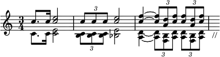 \header{ title = "Latvijas Radio" }

% https://www.intervalsignals.net/sounds/lva-z-radio_riga_1991.mp3
% 0:10 http://www.kurzwelle-historisch.de/radios/UdSSR83_R_Riga_hm.mp3
{
  \time 3/4 \omit Staff.Script
  <<\relative{
    \set midiMaximumVolume = #0.9
    c''8.*10/9-_ 16*2/3 <e c>2 \tuplet 3/2 {c8 c c} <e c>2
    <f c>4~ \repeat unfold 2{\tuplet 3/2 {<f c>8 <d a> <f c>}} s4_"//"
  }\\ \relative{
    \set midiMaximumVolume = #0.7
    c'8.*10/9-_ 16*2/3 <e c>2 \tuplet 3/2 {<c b>8 8 8} <e bes>2
    <d a>4~ \repeat unfold 2{\tuplet 3/2 {<d a>8 <b f> <d a>}}
  }>>
}
\midi{\tempo 4=54 \set Staff.midiInstrument = "brass section"}
