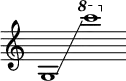  {
    \new Staff \with { \omit Score.TimeSignature }
    \key c \major \cadenzaOn
    \clef treble g1 \glissando s \ottava #1 c''''
} 
