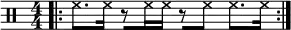 
    \drums {
        \numericTimeSignature
        \time 4/4
        \bar ".|:"
        hh8.[ hh16] r8[ hh16 hh16] r8[ hh8] hh8.[ hh16]
        \bar ":|."
    }
