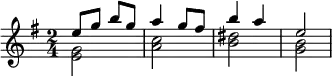 \header{ title = "Radio Mayak" }

% 0:19 https://www.intervalsignals.net/sounds/rus-radio_mayak_221007.mp3
\relative<<
  \key e \minor \time 2/4
  {e''8 g b g a4 g8 fis b4 a e2}\\{<e, g>2 <a c> <b dis> <g b>}
>>
\midi{\tempo 4=64 \set Staff.midiInstrument = "vibraphone"}
