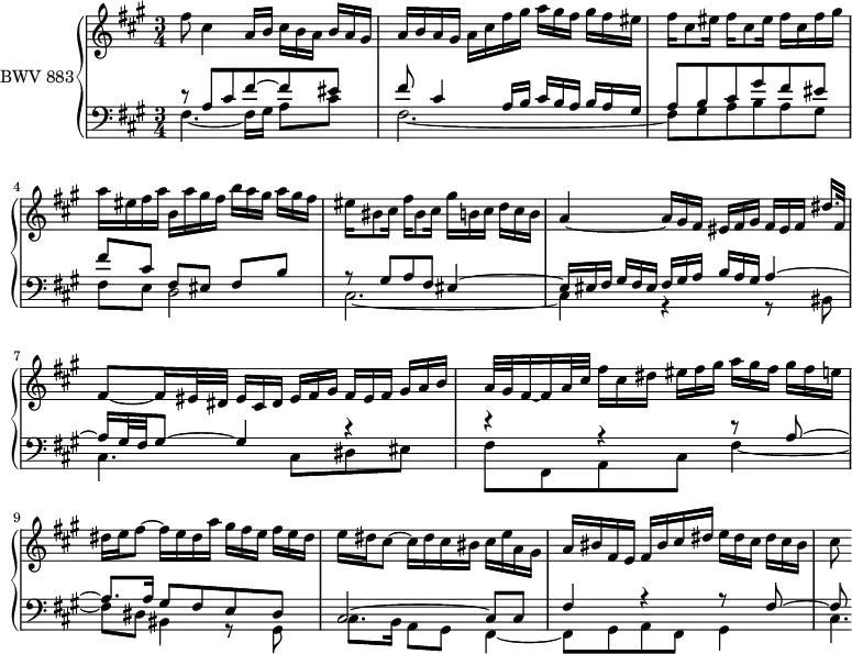 
\version "2.18.2"
\header { tagline = ##f }

upper = \relative c' { \clef treble \key fis \minor \time 3/4
  \tempo 4 = 52 % tempo de Keller
  \set Staff.midiInstrument = #"harpsichord"

   %% PRÉLUDE CBT II-14, BWV 883, fa-dièse mineur
   fis'8 cis4 a16 b \tuplet 3/2 { cis16[ b a] } \tuplet 3/2 { b a gis } | a16 b a gis a cis fis gis \tuplet 3/2 { a gis fis } \tuplet 3/2 { gis[ fis eis] } fis16 cis8 eis16 fis cis8 eis16 fis cis fis gis | a eis fis a b, a' gis fis \tuplet 3/2 { b a gis } \tuplet 3/2 { a[ gis fis] } | eis16 bis8 cis16 fis16 bis,8 cis16 \tuplet 3/2 { gis' b, cis } \tuplet 3/2 { d[ cis b] } | a4~ \tuplet 3/2 { a16 gis fis } \tuplet 3/2 { eis[ fis gis] } \tuplet 3/2 { fis[ eis fis] } dis'16. fis,32 | fis8~ fis16 eis32 dis \tuplet 3/2 { eis16 cis dis } \tuplet 3/2 { eis[ fis gis] } \tuplet 3/2 { fis eis fis } \tuplet 3/2 { gis[ a b] } | a32 gis fis16~ fis a32 cis \tuplet 3/2 { fis16 cis dis } \tuplet 3/2 { eis[ fis gis] } \tuplet 3/2 { a gis fis } \tuplet 3/2 { gis[ fis e] } | dis16 e fis8~ fis16 e dis a' \tuplet 3/2 { gis fis e } \tuplet 3/2 { fis[ e dis] } e16 dis cis8~ cis16 dis cis bis cis e a, gis a bis fis e fis bis cis dis \tuplet 3/2 { e dis cis } \tuplet 3/2 { dis[ cis bis] } | cis8
}

lower = \relative c' { \clef bass \key fis \minor \time 3/4
  \set Staff.midiInstrument = #"harpsichord"
   << { r8 a8 cis fis~ fis eis fis cis4 a16 b \tuplet 3/2 { cis b a } \tuplet 3/2 { b[ a gis] } a8 b cis gis' fis eis | fis[ cis] fis, eis fis[ b] | r8 gis a fis eis4~ \tuplet 3/2 { eis16 eis fis } \tuplet 3/2 { gis[ fis eis] } \tuplet 3/2 { fis gis a } \tuplet 3/2 { b[ a gis] } a4~ a16 gis32 fis gis8~ gis4 r4 r4 r4 r8 a8~ | a8. a16 gis8 fis e dis cis2~ cis8 cis fis4 r4 r8 fis8~ | fis8 } \\ { fis4.~ fis16 gis a8 cis | fis,2.~ fis8 gis a b a gis | fis e d2 cis2.~ cis4 r4 r8 bis8 | cis4. cis8 dis eis | fis fis, a cis fis4~ fis8 dis bis4 r8 gis8 cis8. b16 a8 gis fis4~ | fis8 gis a fis gis4 | cis4.*1/4 } >>
}

\score {
  \new PianoStaff <<
    \set PianoStaff.instrumentName = #"BWV 883"
    \new Staff = "upper" \upper
    \new Staff = "lower" \lower
  >>
  \layout { \context { \Score \remove "Metronome_mark_engraver"
   \omit TupletNumber
   \omit TupletBracket
   \override SpacingSpanner.common-shortest-duration = #(ly:make-moment 1/2)
   }
 }
 \midi { }
}

